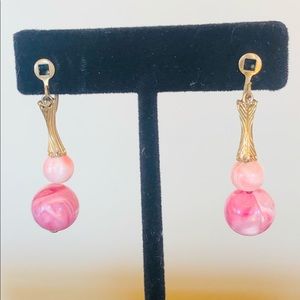 Vintage Pink Swirl Gold Screw Back Dangle Earrings